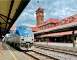 The eastbound Portland section of the Empire Builder departs Portland Union Station